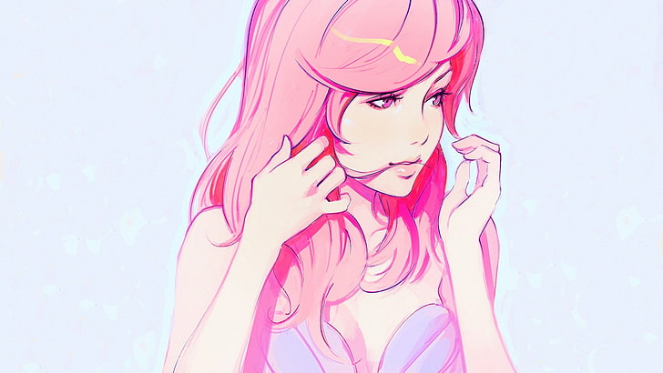 rosa hår kvinnlig anime karaktär, rosa hår, Ilya Kuvshinov, rosa ögon, enkel bakgrund, digital konst, HD tapet