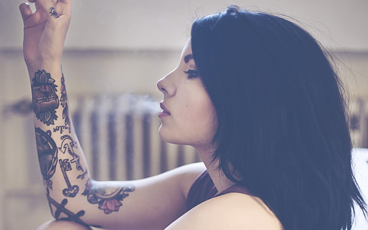 woman's right arm tattoo, women, brunette, tattoo, model, dark hair, smoking, profile, Caucasian, face, long hair, HD wallpaper