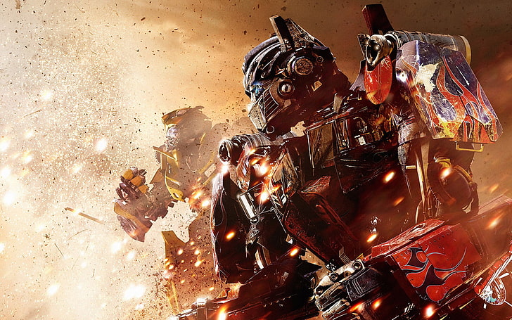 Sfondo Transformers Optimus Prime e Bumblebee, esplosione, robot, Transformers, Sfondo HD