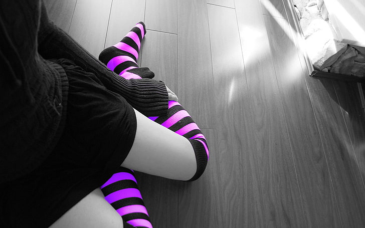 selective color photography of a person in pair of purple stripes high-socks, selective coloring, knee-highs, women, socks, model, HD wallpaper