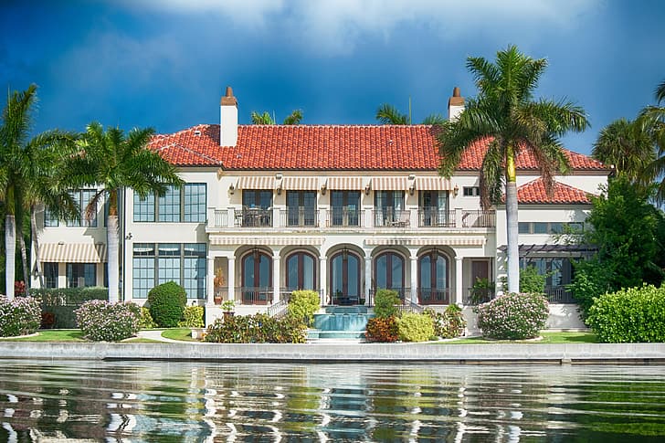 water, palm trees, Villa, FL, the bushes, Florida, Sarasota, HD wallpaper