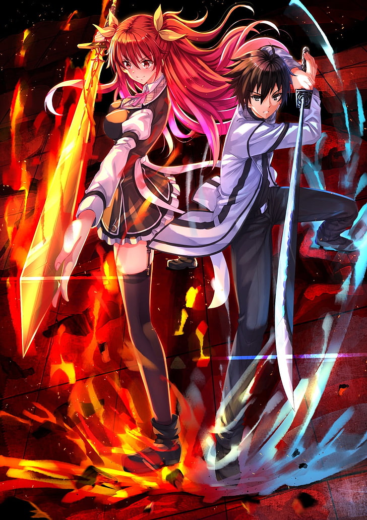 due personaggi anime maschili e femminili, Rakudai Kishi No Cavalry, Stella Vermillion, Ikki Kurogane, Sfondo HD, sfondo telefono