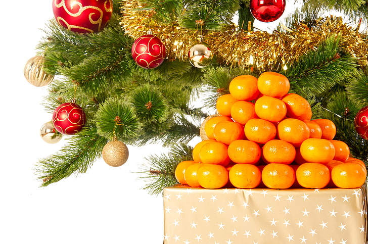 round orange fruits, decoration, balls, tree, New Year, Christmas, tangerines, Merry, HD wallpaper