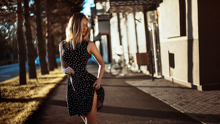 women, Mikhail Yekim, blonde, black dress, polka dots, lifting skirt, bokeh, HD wallpaper