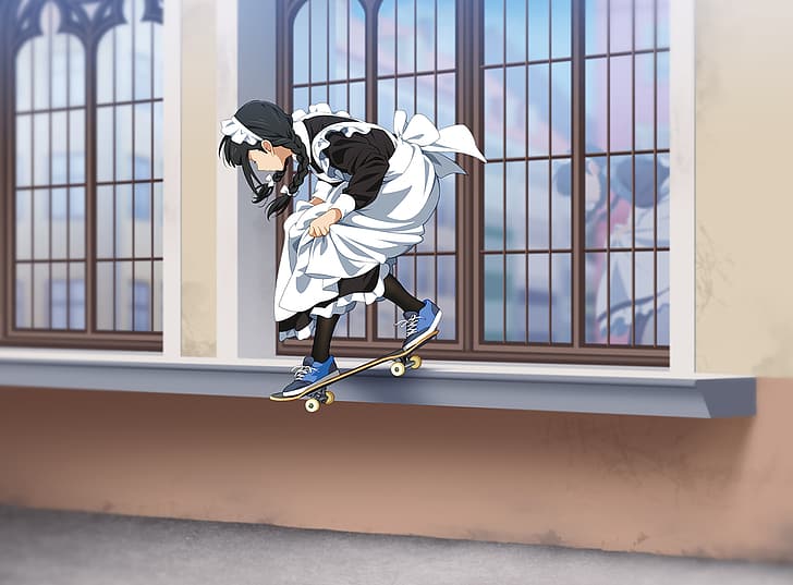 anime, anime girls, maid outfit, skateboard, black hair, long hair, sneakers, window, HD wallpaper