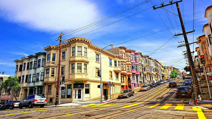 갈색 콘크리트 건물, 샌프란시스코, 거리, HD 배경 화면