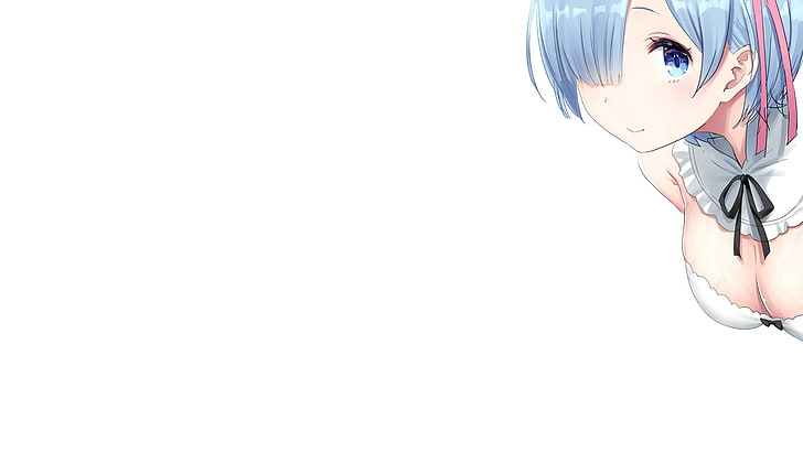 аниме, аниме девушки, белая кожа, Рем (Re: Zero), белый фон, простой фон, голубые глаза, синие волосы, горничная, костюм горничной, Re: Zero Kara Hajimeru Isekai Seikatsu, HD обои