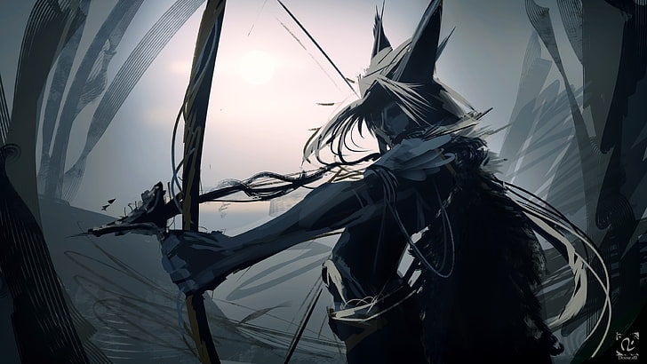 personnage féminin aux cheveux gris tenant l'arc, art fantastique, arc et flèche, kitsunemimi, Fond d'écran HD