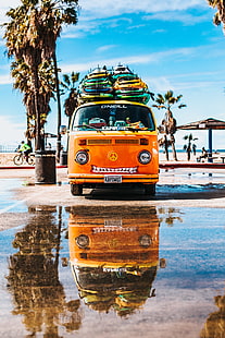 оранжев Volkswagen комби, автобус, сърф, лято, HD тапет HD wallpaper