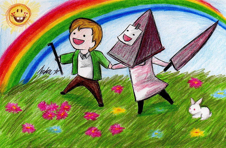 boy and woman holding umbrella drawing, Pyramid Head, Silent Hill, james sunderland, video games, HD wallpaper