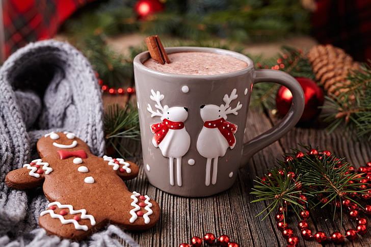 gri geyik kabarık kupa, yeni yıl, kurabiye, Noel, kek, Noel, sır, kakao, dekorasyon, zencefilli, neşeli, HD masaüstü duvar kağıdı