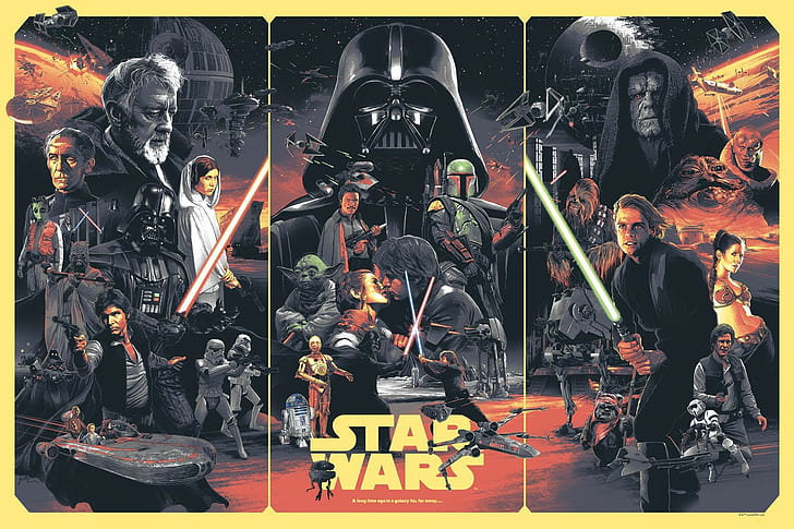 Boba Fett, kolase, darth vader, Ewok, Grandmoff Tarkin, Han Solo, Jaba The Hut, Leia Organa, Luke Skywalker, Poster Film, Obi Wan Kenobi, r2 d2, Star Wars, stormtrooper, Yoda, Wallpaper HD
