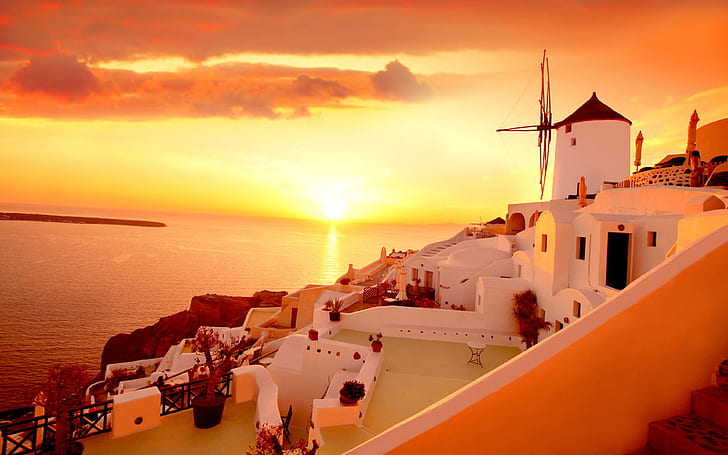 غروب الشمس في جزيرة سانتوريني في اليونان بحر إيجة خلفيات عالية الدقة لسطح المكتب 3840 × 2400، خلفية HD
