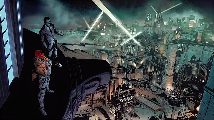 duas pessoas, cima, predios, noturna, ilustração, capuz vermelho, ao ar livre, novo 52, DC Comics, Batman, HD papel de parede