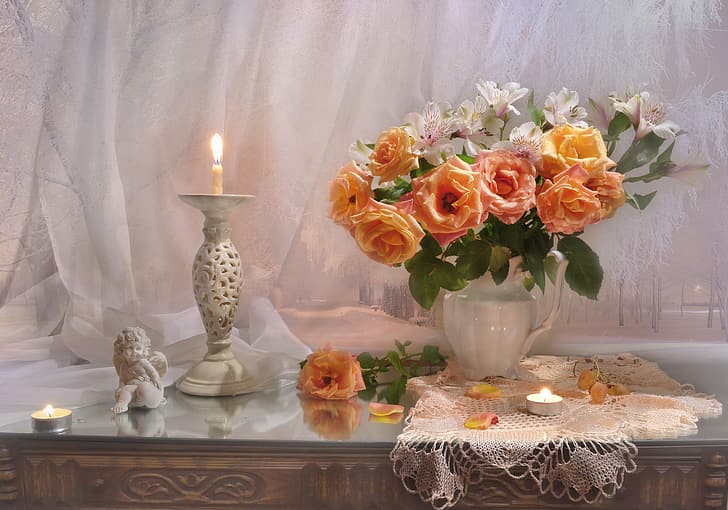 Blumen, Stil, Rosen, Blumenstrauß, Kerzen, Figur, Stillleben, Kerzenhalter, Serviette, Alstroemeria, Valentina Fechten, HD-Hintergrundbild