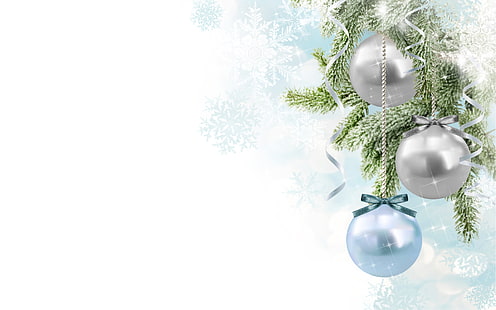 silberne Kugel, Schneeflocken, Zweige, Klebeband, Kugeln, Weihnachtsschmuck, HD-Hintergrundbild HD wallpaper