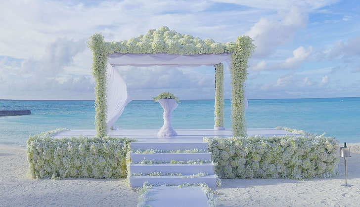 asad, atoll, beach, blue, decor, decorations, destination, florist, flowers, hotel, island, lights, maldives, ocean, photo, photography, pink, resort, set, sky, wedding, wedding setup, HD wallpaper