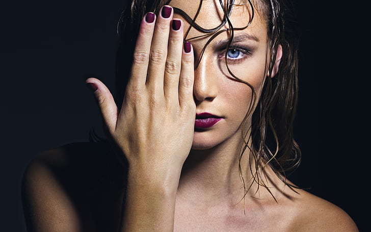 kobiety, twarz, pomalowane paznokcie, dłonie, Tapety HD