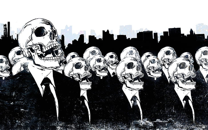 Conformism, black and white illustration of skeletons in suits, people, pics, photo, HD wallpaper