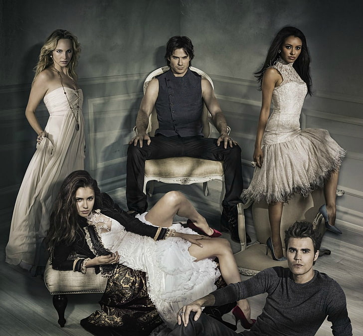 The Vampire Diaries (TV Series 2009–2017), poster, fantasy, Paul Wesley, the vampire diaries, Nina Dobrev, tv series, Ian Somerhalder, chair, HD wallpaper