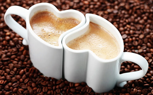 Love heart, mugs, cappuccino coffee, coffee beans, Love, Heart, Mugs, Cappuccino, Coffee, Beans, HD wallpaper HD wallpaper