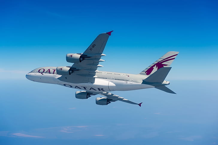 Облаци, A380, Airbus, Qatar Airways, Wing, Airbus A380, пътнически самолет, Airbus A380-800, HD тапет