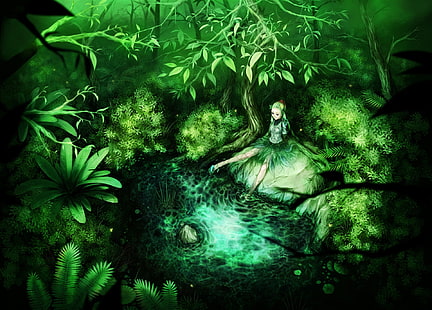Фантазия, друид, елф, фея, гора, зелено, езерце, скала, дърво, HD тапет HD wallpaper