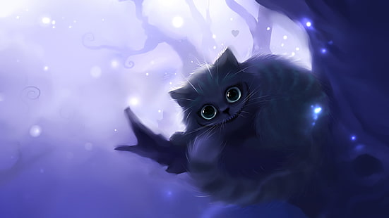 Cheshire cat illustration, tree, branch, lights, apofiss, Cheshire cat, HD wallpaper HD wallpaper
