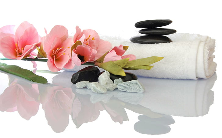 Spa, lovely, delicate, stones, romantic, towels, white, beautiful, girls, flowers, realaxe, pampering, HD wallpaper
