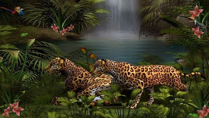 Опасна красота, тигър, тропическа гора, малки, големи котки, природа, дива природа, трева, водопад, лъв, растения, джунгла, HD тапет