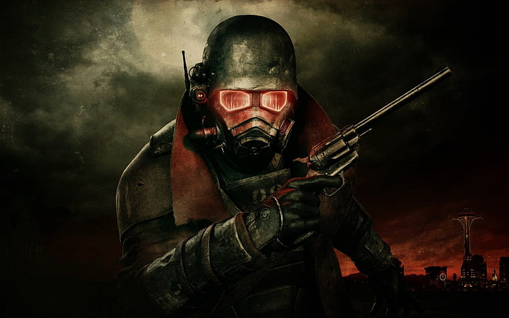 army holding pistol illustration, Fallout: New Vegas, video games, apocalyptic, helmet, digital art, gun, HD wallpaper