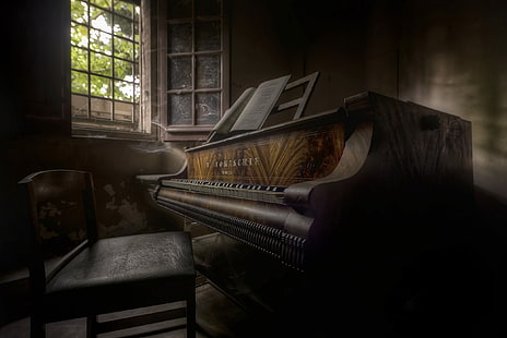 mörk, piano, rum, fönster, musikinstrument, HD tapet HD wallpaper
