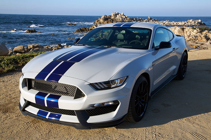 бяло и синьо купе Ford Mustang, паркирано близо до морския бряг, Ford Mustang Shelby, мускулни коли, американски автомобили, бели коли, пони, Shelby GT500, Shelby, Shelby GT350, HD тапет