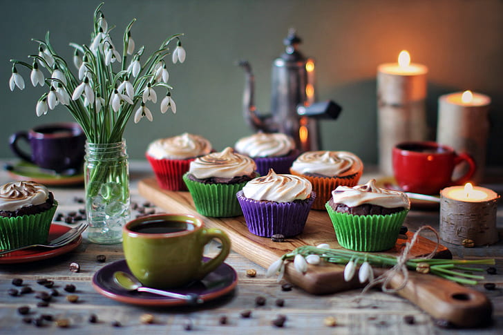 flowers, coffee, candles, snowdrops, Cup, cream, dessert, sweet, cupcakes, meringue, HD wallpaper