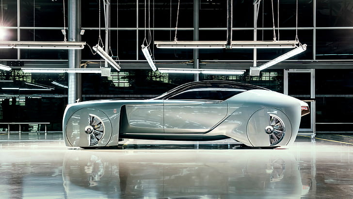 gri konsept otomobil, Rolls-Royce Vision Next 100, gelecekteki otomobiller, fütürizm, gümüş, HD masaüstü duvar kağıdı
