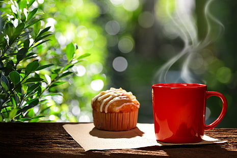 قهوة ، فطور ، فنجان ، ساخن ، فنجان قهوة ، كب كيك ، صباح الخير، خلفية HD HD wallpaper