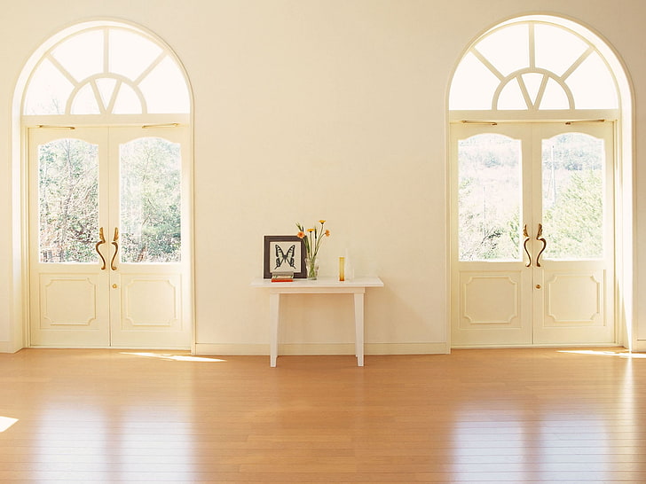 white wooden table, flooring, doors, light, room, HD wallpaper