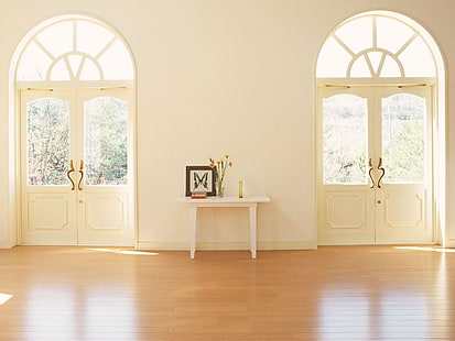 бяла дървена маса, настилки, врати, светлина, стая, HD тапет HD wallpaper