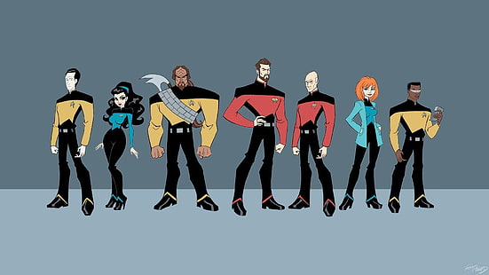 Мультипликационная иллюстрация персонажей Star Trek, Star Trek, мультфильм, следующее поколение, worf, Жан-Люк Пикард, простой фон, научная фантастика, произведение искусства, star trek: следующее поколение, HD обои HD wallpaper