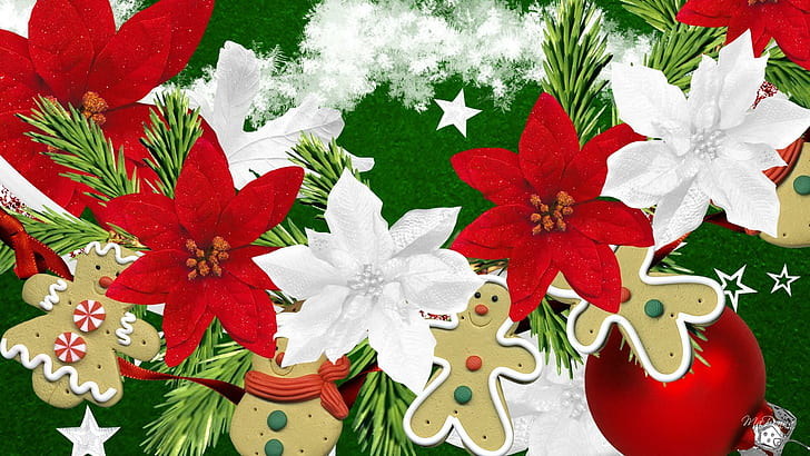 ジンジャーブレッドクッキーポインセチア、星、クッキー、雪片、クリスマス、フェリスナヴィダード、トウヒ、花、ポインセチア、雪、ジンジ、 HDデスクトップの壁紙