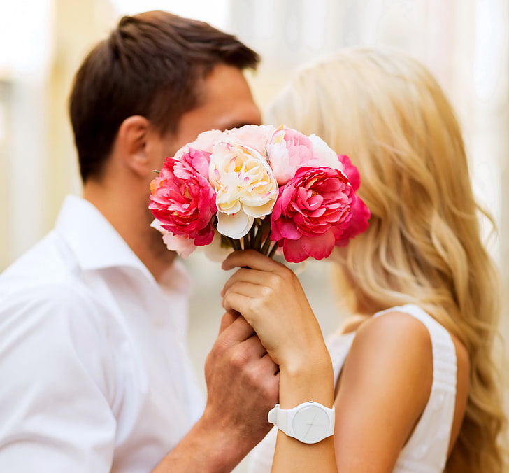 men's white dress shirt, love, joy, happiness, pair, happy, flowers, kiss, couple, romance, HD wallpaper