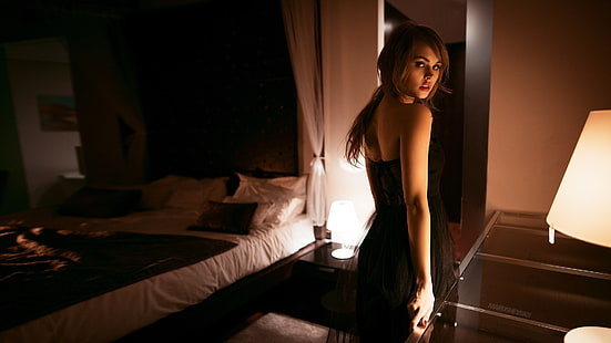 Gaun strapless hitam wanita, Anastasia Scheglova, wanita, model, gaun, potret, punggung, Wallpaper HD HD wallpaper