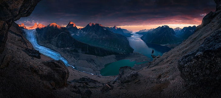 nature, mountains, landscape, fjord, photographer, photography, sunset, panorama, glaciers, Greenland, HD wallpaper