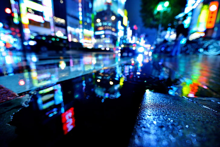 мокро, вода, нощ, град, светлини, дъжд, улица, Япония, Токио, локви, боке, Шинджуку, Hidehiko Sakashita Фотография, HD тапет