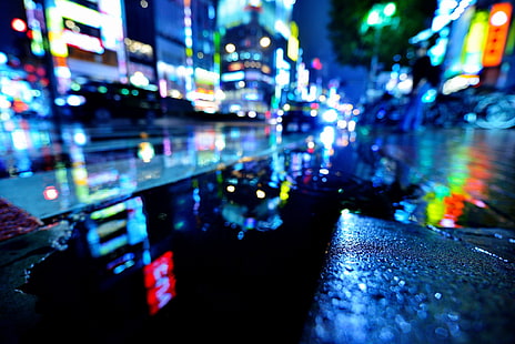 мокрая, вода, ночь, город, огни, дождь, улица, Япония, Токио, лужи, боке, Синдзюку, Хидехико Сакашита Фото, HD обои HD wallpaper