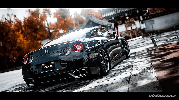 블랙 닛산 GT-R R35 쿠페, 블랙 닛산 스포츠카, 닛산 GT-R, 닛산, 자동차, HD 배경 화면