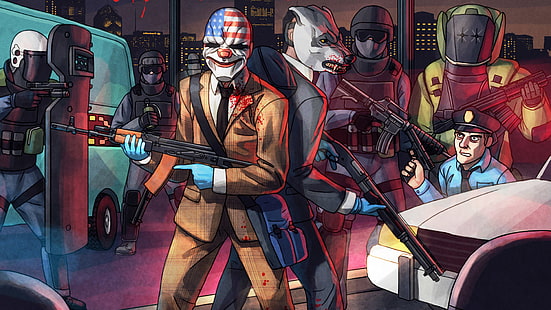 two men wearing masks surrounded by polices illustration, Wolf, Dallas, Hotline Miami, PAYDAY 2, HD wallpaper HD wallpaper