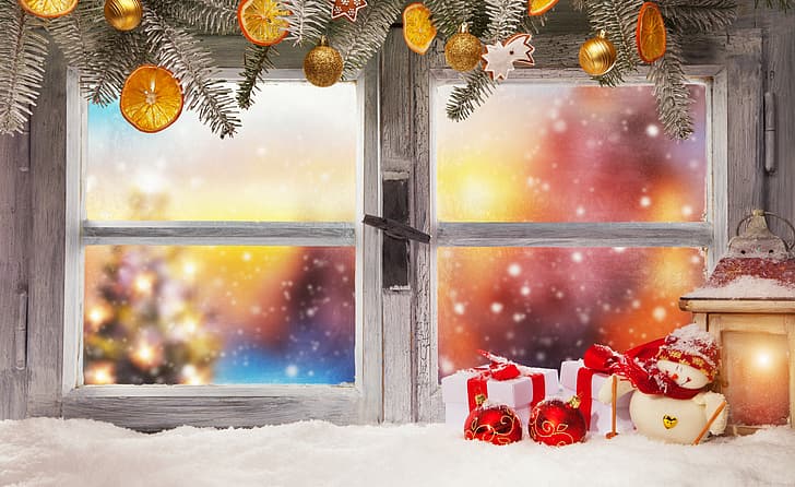 winter, snow, decoration, New Year, window, Christmas, gifts, Merry Christmas, Xmas, lantern, HD wallpaper