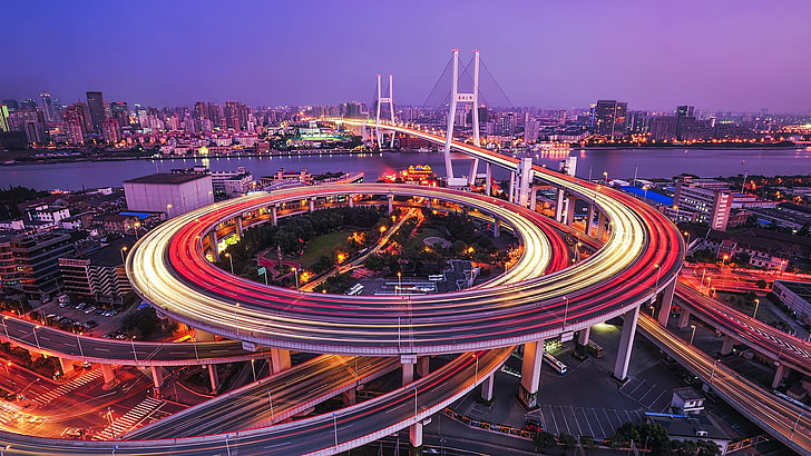 Pont en métal blanc, Nanpu Bridge, Shanghai, longue exposition, Fond d'écran HD