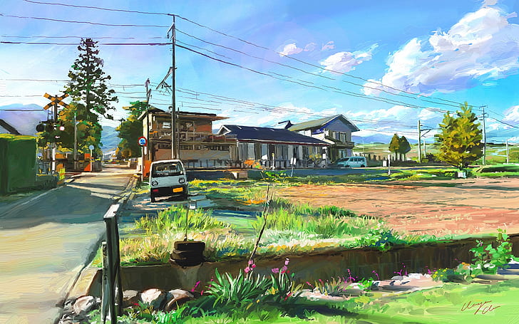 Art painting, Japan, landscape, village, white kei van, Art, Painting, Japan, Landscape, Village, HD wallpaper